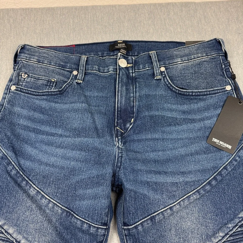 True Religion Jeans Mens 34X32 Blue Rocco Relaxed Moto‎ Skinny Blizzard Wash NWT